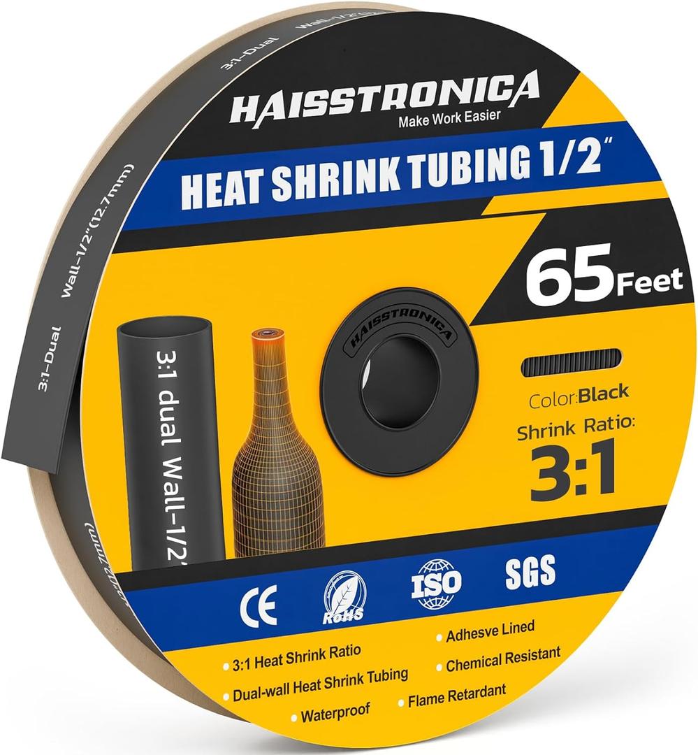 haisstronica 3:1 Heat Shrink Tubing, Shrink Ratio Adhesive Lined Marine Grade Heat Shrink Tube for Home, Automotive and Industrial (Black) 65FT 1/2inch