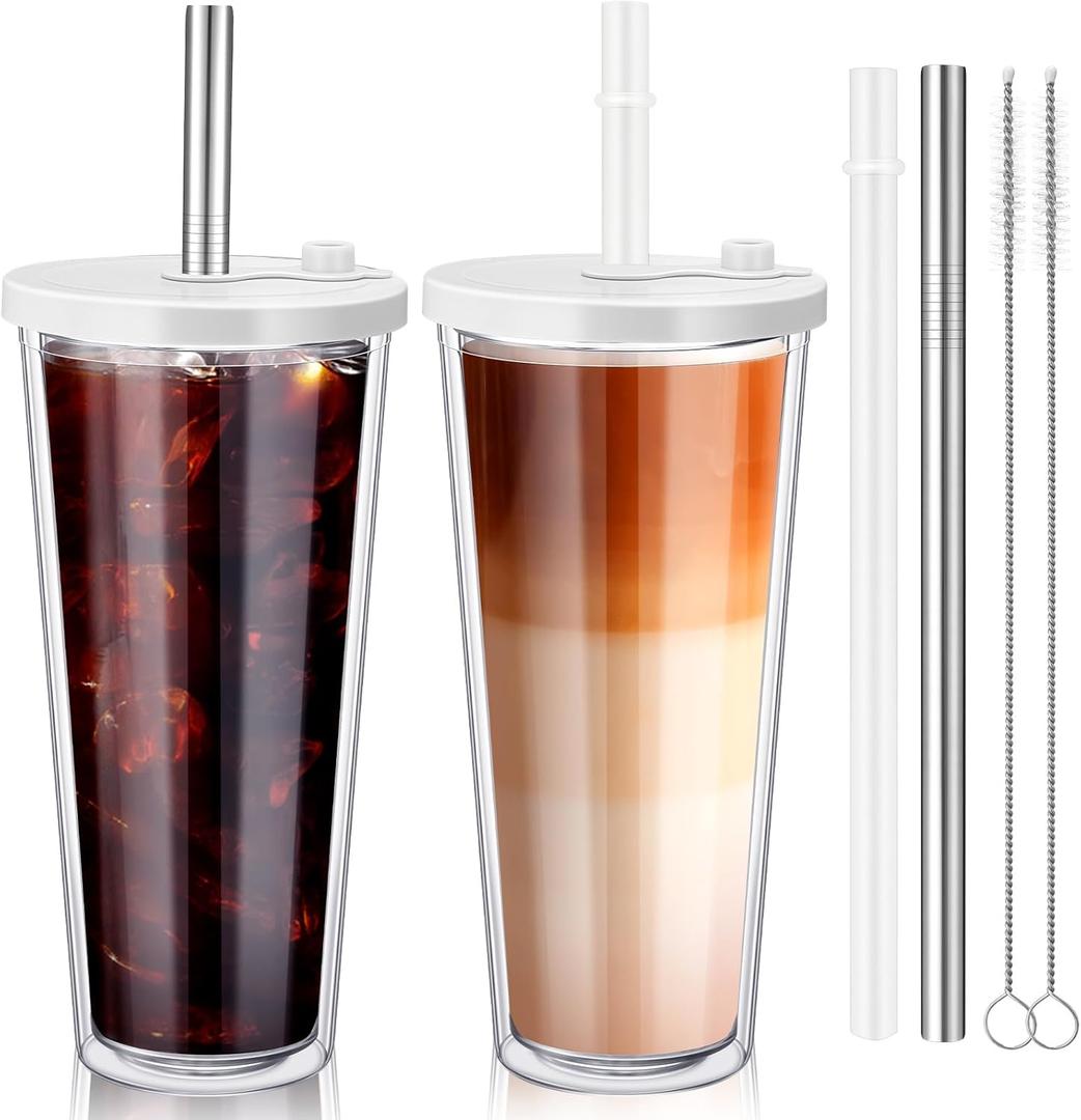 Honeydak 2 Pack Reusable Iced Coffee Cups with Lids and Straws Leakproof Double Wall Insulated Clear Plastic Iced Coffee Tumblers with Straw Brushes (24oz,White)