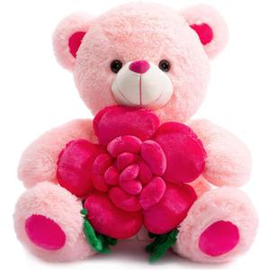 BEJOY Teddy Bear Stuffed Animals Plush Bear Holding Rose Soft Plush Toy Gifts 16 inches Pink