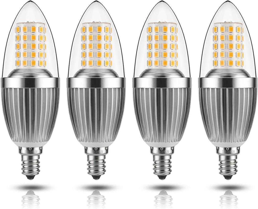 gezee LED Candelabra Bulb, Non-Dimmable, 100 Watt Equivalent, 12W LED Candle Bulbs, Warm White 3000K, 120V, 1200Lumens, E12 Base, Chandelier Bulbs, Torpedo Shape (4-Pack)