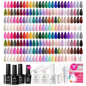 Beetles Gel Nail Polish Set,119 PCS 100 Colors Gel Polish Kit Base Glossy Matte Glitter Top Coat Neon Glitter Pearl Cat Eye White Red Pink Nude Nails Gift for Women Beetles Infinite Styles 100 Colors