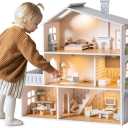 ROBOTIME Wooden Dollhouse, Wooden Doll House with 29 Pieces of Furniture, 6 Rooms Fits 4-6 Inch Dolls, Gift for Kids Ages 3+