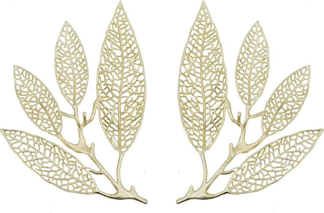 Benjara 18 Inch Set of 2 Wall Art Decor Pieces, Leaf Design, Modern Gold Finish