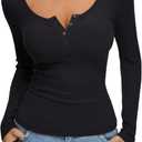 REORIA Women's 2025 Fall Long Sleeve Henley T Shirts Button Ribbed Knit Slim Fit Casual Basic Tops Blouse (Medium, Black)