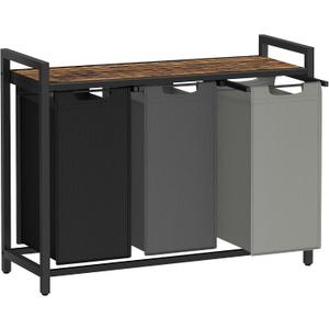VASAGLE Laundry Hamper, Laundry Basket, Laundry Sorter with 3 Pull-Out and Removable Bags, Shelf, Metal Frame, 3 x 10.6 Gallons (40 L), 36.4 x 13 x 28.4 Inches, Tricolor and Rustic Brown UBLH301X01, 3 Bags - 120 L
