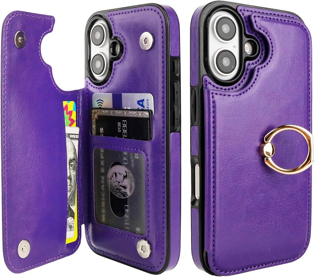 ONETOP for iPhone 16 Wallet Case with Card Holder, 360 Rotation Ring Kickstand RFID Blocking PU Leather Double Magnetic Clasp Shockproof Cover for Women and Girls 6.1 Inch (Purple)