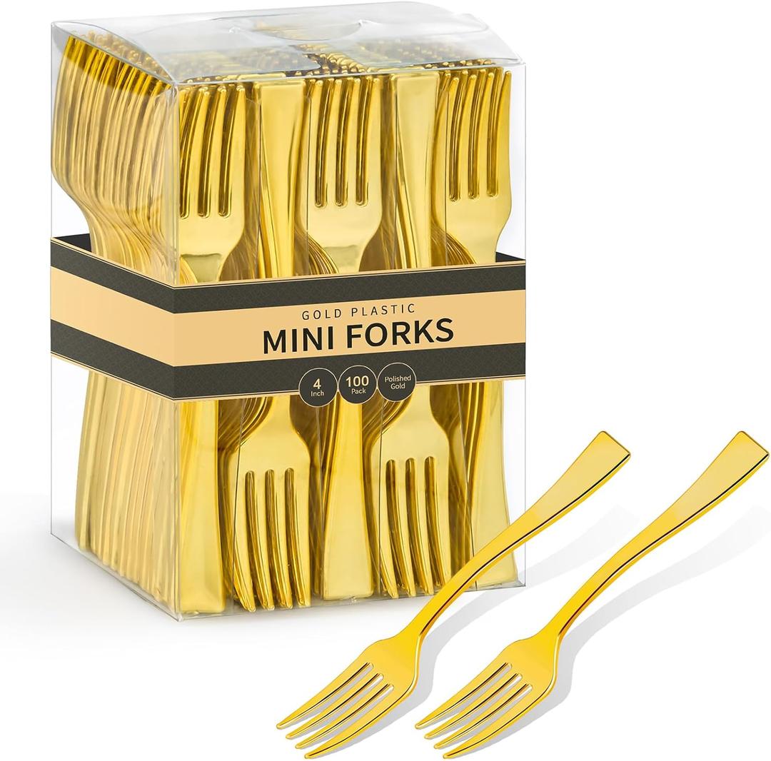 Qeirudu 4 Inch Gold Plastic Mini Forks, 100 Pack Disposable Appetizer Forks Heavy Duty Tiny Forks for Party Small Desserts, Charcuterie, Samples, Cocktails and Strawberries