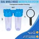 Dual Whole House Water Filter System, Transparent Standard Housings, Presser Relief Valve, 3/4 Inlet/Outlet Brass Port, Yearly supply of Sediment & Carbon Cartridges Meets NSF Standards & Regulations