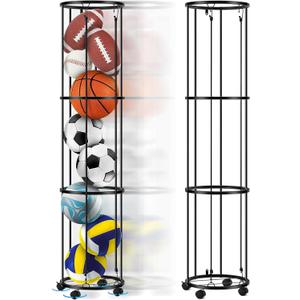 Columnar Vertical Ball Storage Racks with Wheels-New Durable Rolling Basketball Holder Wall Mount for Soccer, Volleyball, Space-Saving Garage Sports Ball Rack Organizer for Home, Gym & Outdoors (3 Layers, 58*13", Holds 8-10 Balls)