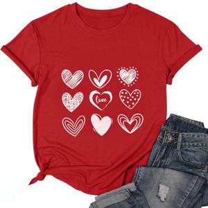 Valentines Shirt for Women Cute Love Heart Tshirts Casual Hearts Graphic Tee Tops for Her (Red, XL)