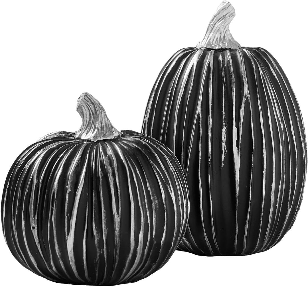 DN DECONATION Pumpkin Decorations for Fall and Halloween Indoor Home Decor, Black and Silver Faux PumpkinsFall Halloween Table Centerpiece, 2-Pack Resin Pumpkin for Thanksgiving Modern Farmhouse (Set of 2)