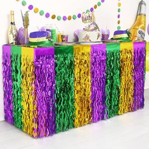 2 x CCINEE 4 Packs Mardi Gras Fringe Table Skirt Party Decorations, 36ft Purple Green Gold Wavy Metallic Tinsel Foil Carnival Table Skirts For Mardi Gras Carnival Holiday Masquerade Party