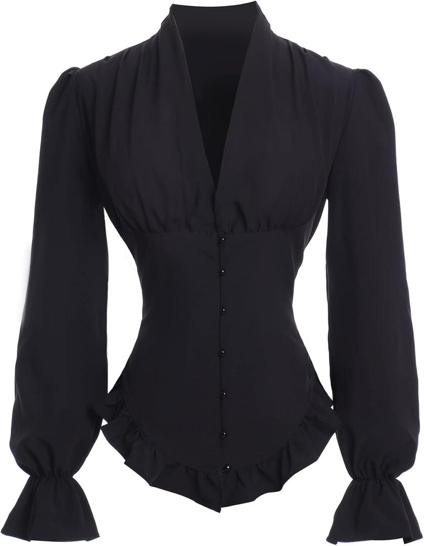 Victorian Blouse for Women Vintage Ruffle Long Sleeves Shirt Tops (X-Large, Black)