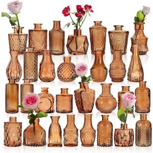 BIGIVACA Set of 30 Amber Glass Bud Vases in Bulk,Small Centerpieces Vases for Wedding Centerpieces,Mini Glass Vintage Vase Flower Vases for Table Decor