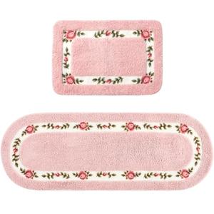 Drydiet 2 Pcs Rose Flowers Bathroom Rugs Set Coquette Room Decor Floral Rugs for Bathroom Bedroom Living Room,Non Skid Absorbent Romantic Rose Flower Area Rugs 2 Shapes(Pink,Small)