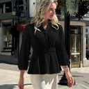 ZESICA Women's 2026 Fall Babydoll Peplum Tops V Neck Puff 3/4 Length Sleeve Shirts Dressy Casual Blouses (Black, S)