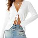 Women's Pleated Tie-Front Cardigan Bell Long Sleeve Lightweight Open Front Top Shiny Blouse Summer Loose Fit Beach Cover-up (White, L)