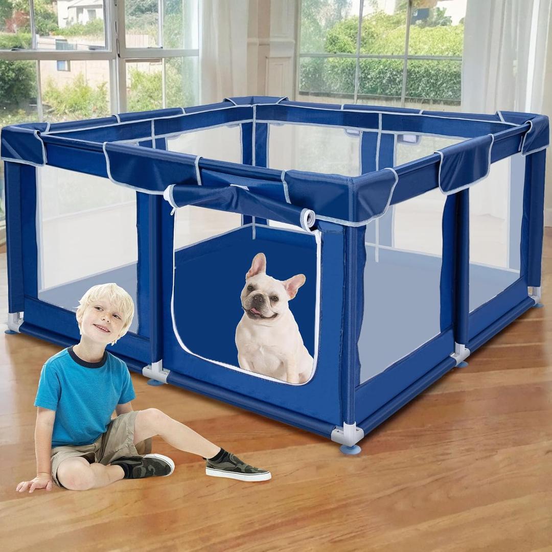 50x50x32 Inches Puppy Playpen with Gate, Dog Playpen for Puppies or Small Dogs, Dog Fence Pet Playpen for Indoor & Outdoor, Sturdy Safety (Blue)