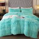 EMME Faux Fur Duvet Cover Queen Size, 3 Pieces Ultra Soft Fluffy Comforter Cover, Cozy Warm for Winter, Luxury Elegant Shaggy Bedding, 1 Duvet Cover & 2 Pillow Shams (Queen, Aqua)