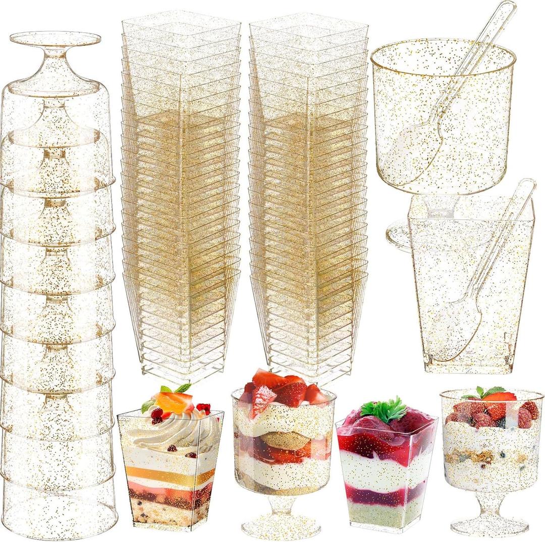 Patelai 300 Pack Gold Glitter Dessert Cups with Spoons Plastic Parfait Cups with Gold Powder for Party Include Disposable 6oz Round and 5oz Square for Ice Cream Pudding Fruit Wedding Bridal Shower