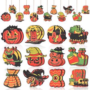 2 x 24 Pcs Vintage Halloween Hanging Ornaments - Wooden Pumpkin Witch Ghost Decorations - Orange - Halloween Party Gift