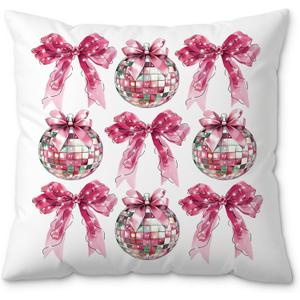 ROXMART Coquette Pink Bow Disco Ball Pillow Covers 18x18, Preppy Girly Room Decor, Trendy Bow Mirror Ball Decorative Pillow Covers for Couch Sofa Girls Bedroom Dorm Apartment (Style06)