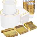 GATHER 700PCS Gold Plastic Plates - Whtie and Gold Disposable Dinnerware Sets 100Guest - 200 Disposable Plate, 300 Plastic Silverware, 100 Cups, 100 Napkins for Wedding & Party