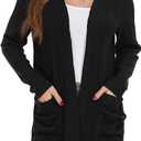 GRECERELLE Black Womens Long Sleeve Open Front Cardigans Sweater Casual Ribbed Knit Jackets Outerwear with Pockets, S, Black