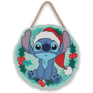 Disney Lilo and Stitch Santa Hat Hanging Wood Wall Decor - Cute Stitch Christmas Wreath Sign for Holiday Decor (Blue)