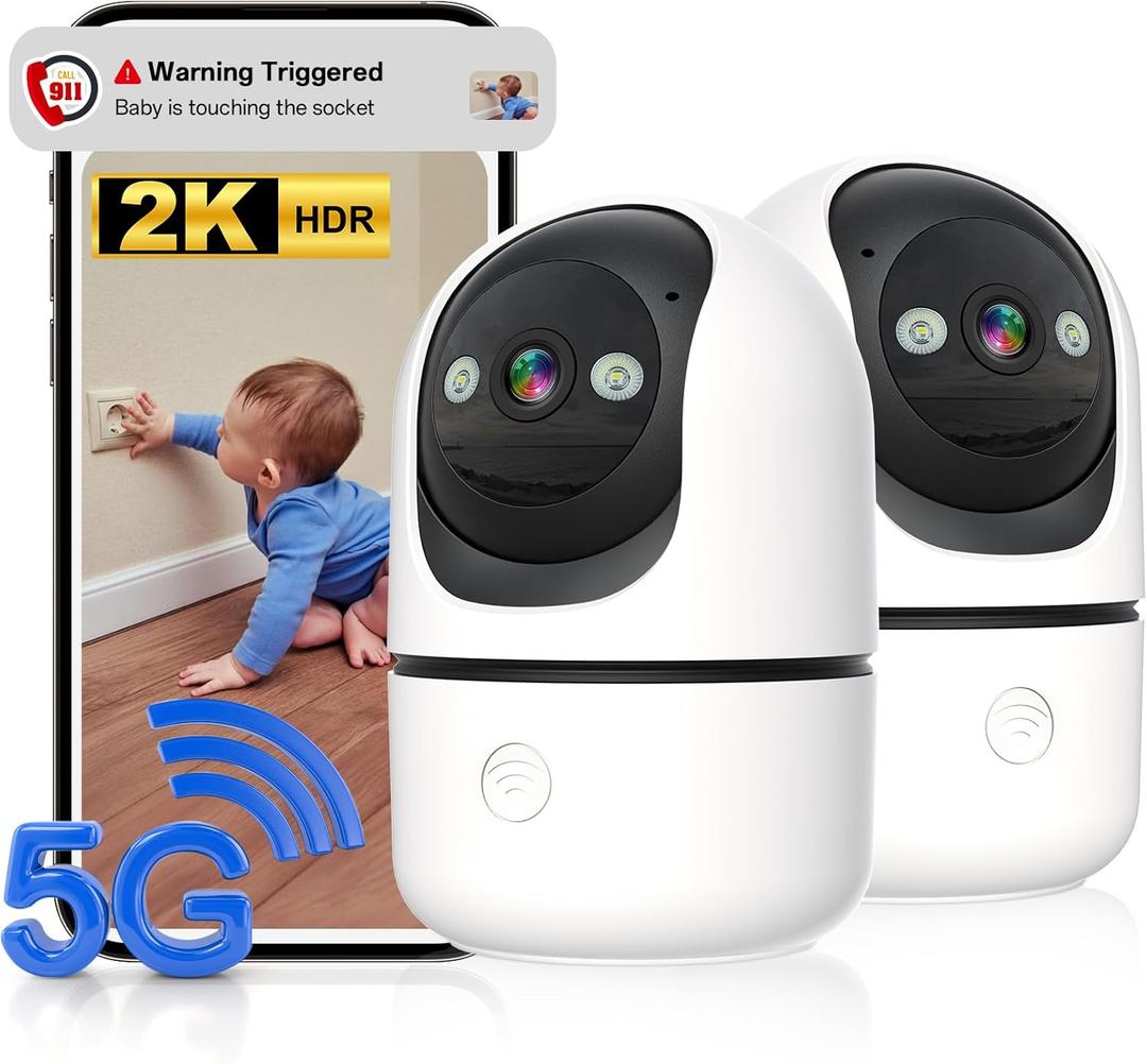 Indoor Security Camera 2 Packs, 2K 5G WiFi Baby/Pet/Dog/Nanny Cameras for Home Security, 360 PTZ Security Cameras with US Servers Phone App, 911 One-Tap Call,AI Smart Detection,2 Way Talk,Privacy Mode