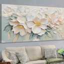 Anolyfi Large White Floral Canvas Wall Art for Living room Bedroom 58"x29" | HD Print and Hand-painted Textured, Easy to Hang, Durable Colorfast, Modern Flowers Sage Paintings for Hallway Home Decor