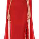 MAYFASEY Women's Sexy Elegant Long Sleeve High Split Mesh Ruched Formal Long Evening Party Maxi Dress with Cape (Red, M)