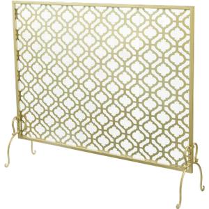 MyGift 41 x 35 Inch Brass Tone Metal Fireplace Screen with Vintage Moroccan Arabesque Pattern, Freestanding Decorative Mesh Fire Spark Guard Protector Cover