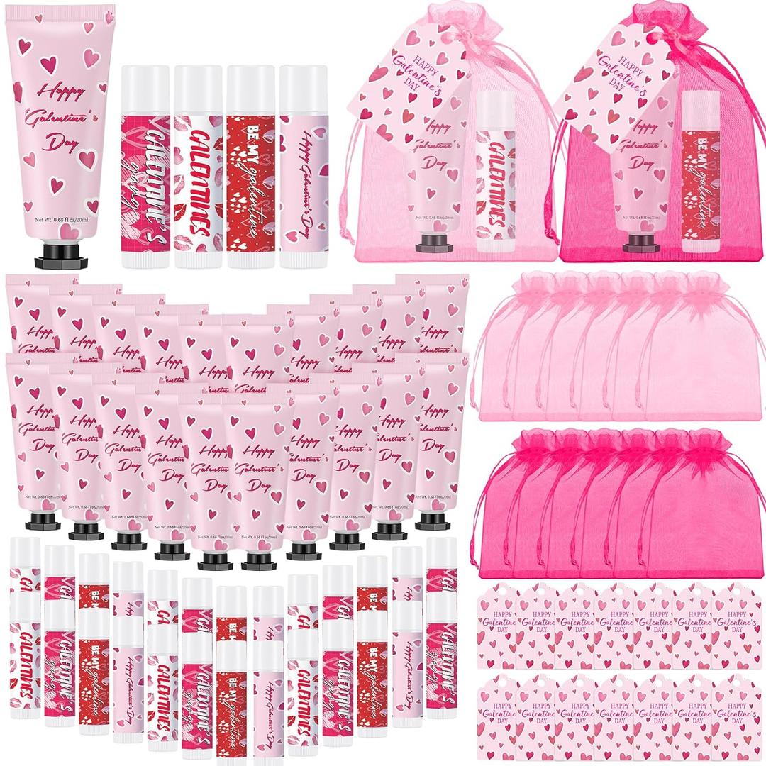 Loopeer 24 Set Galentine's Day Hand Cream and Lip Balm Gifts Bulk with Greeting Card and Bags Pink Valentines Day Gift Ideas Galentines Party Favors Stuffers for Women Friends Ladies