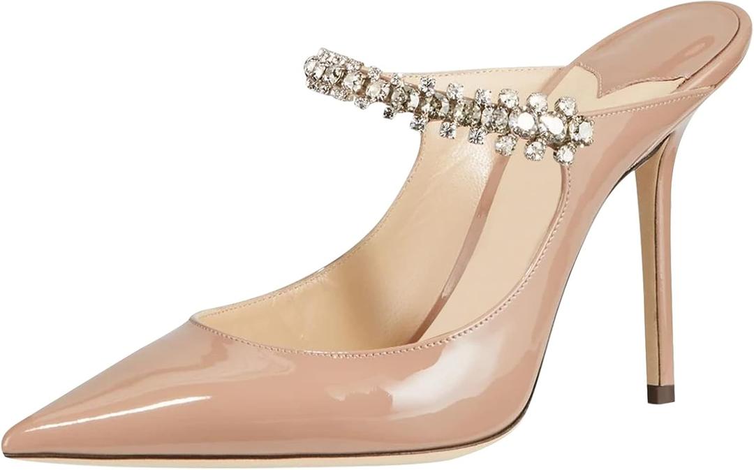 MIRAAZZURRA Women Heeled Mules Rhinestone Strappy Pointed Toe Mules Stiletto High Heels Slip On Bridal Sandals for Women (9, Nude 10cm)