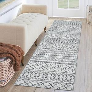 KUTA Moroccan Washable Hallway Runner Rug, 2x6 Non-Slip Vintage Grey Boho Rugs Kitchen Runners Ultra Soft Distressed Geometric Floor Carpet for Bedroom Laundry Living Room