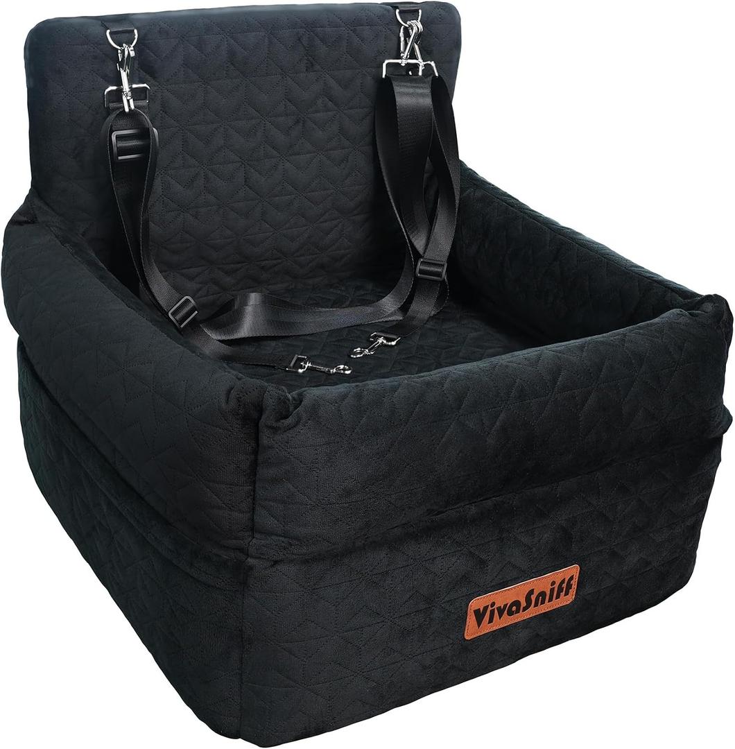 Dog Booster Car Seat for Small/Medium Dogs, VIVASNIFF 6 Inches Memory Foam Elevated Dog Pet Car Bed up to 100 lbs with 2 Safety Belts, Leakproof, Detachable and Washable (Black).