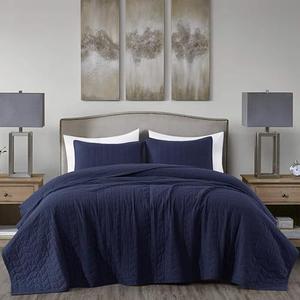 Chezmoi Collection Madrid 3-Piece Vintage Washed Solid Cotton Quilt and Shams Set (Queen, Navy)