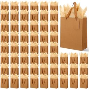 Qilery 50 Pcs Wedding Paper Gift Bags Bulk with Tissue Paper Small Gift Bags with Handle and Tags for Birthday Wedding Mothers' Day Party Business(Brown,7.9 x 3.9 x 9.8'')