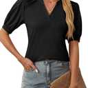 BMJL 2024 Women Puff Sleeve Tops Business Casual V Neck Shirts Summer Dressy Casual Blouses (X-Large, Black)