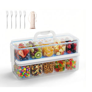 Double-Layer Portable Snack Organizer Box with 2 Ice Packs, 10-Compartment Food Storage Container, Dishwasher-Safe Chilled Snack Tray for Travel, Picnics & Outdoor Parties