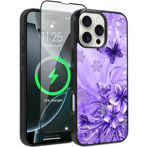 OOK Magnetic for iPhone 16 Pro Case Light Purple Butterfly with Flower Nebula Space Design [Compatible with MagSafe] Hard PC+Soft TPU Bumper Anti-Slip Ultra Thin Case, Light Purple