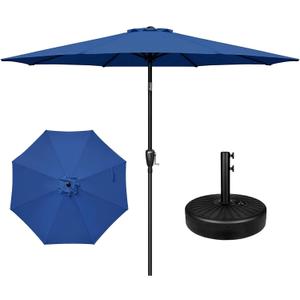 YSSOA 9' Patio Umbrella with 50lbs 20" Capacity Fillable Heavy Duty Round Base, 8 Sturdy Ribs, for Outdoor Lawn, Deck, Poolside, Blue and Black, 9ft-Standard-with Base