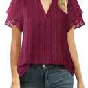 Lotusmile Womens Dressy Chiffon Blouses Summer Puff Petal Short Sleeve Shirts V Neck Casual Work Tops (Medium, Burgundy)