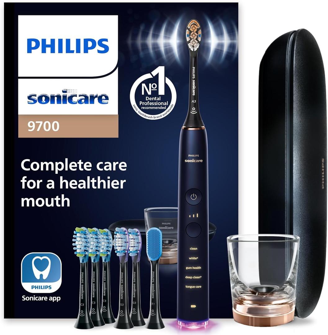 Philips Sonicare DiamondClean Smart 9700 Electric Toothbrush - Sonic Toothbrush with App, Pressure Sensor, 15 Brushing Settings, Replacement Reminder, Charging Travel Case, Lunar Blue, HX9957/71