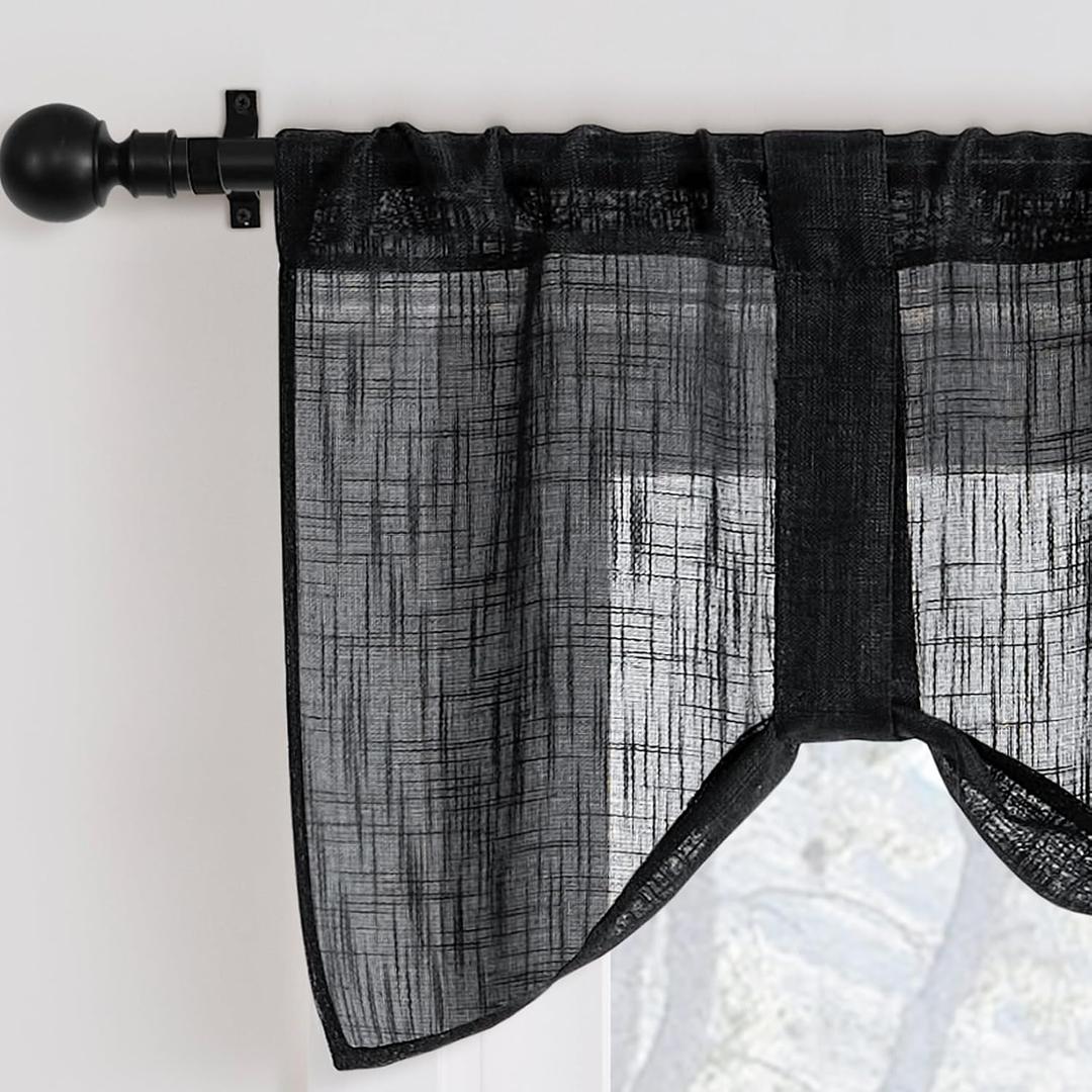 Home Queen Linen Look Tie Up Valance Curtain, Semi Sheer Balloon Valence for Home Decoration, Length Adjustable Drape for Living Room and Bedroom, 54 X 20 Inch, Black