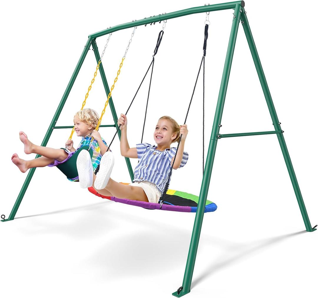 Trekassy 440lbs Capacity Swing Sets for Backyard - 2 Seat Outdoor Playset with Saucer & Belt Swing, Heavy-Duty A-Frame Metal Stand for Kids Family Fun (Patented)