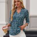 Uhiger 3/4 Sleeve T Shirts for Women V Neck Tunic Tops to Wear with Leggings Dressy Tops for Women Night out Fancy Evening Blouses Business Casual Office Attire Peasant Work Clothes Blue Floral XL