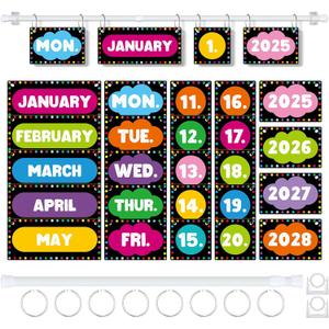 Flip Calendar Bulletin Board Set with Holder Adjustable Calendar Display Holder Includes 55 Date Cards for Preschool School Classroom Wall Decoration(Chalkboard Brights)