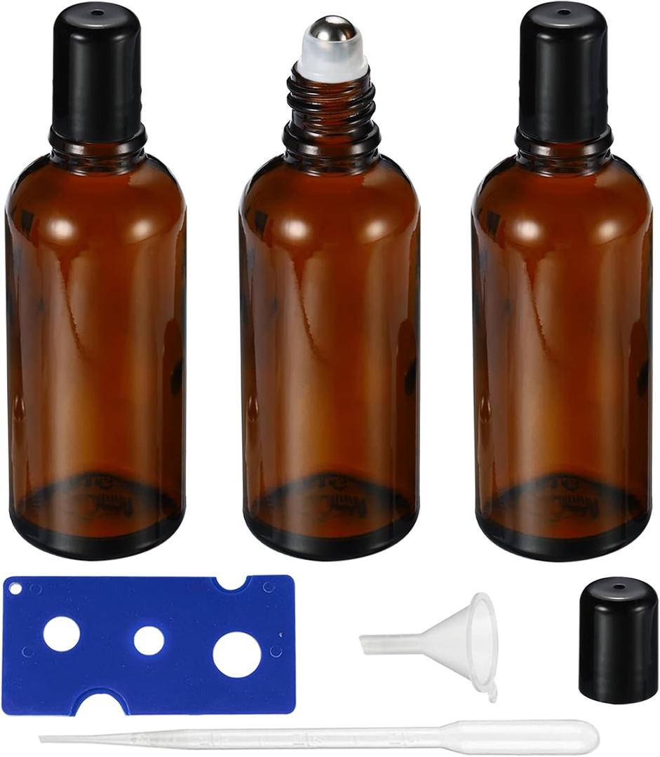 100ML Roller Bottles for Essential Oil, 4 Pack Empty Amber Glass Roller Bottle for Perfume Oil, Roll on Bottles with Stainless Steel Roller Balls, Opener, Funnel and Dropper for Aromatherapy, Massage